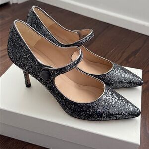 L.K Bennett London Monica Gunmetal Grey Glitter Mary Jane Heels Size 38.5 NEW